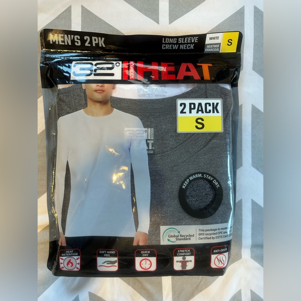 32 Degrees Men's Heat Long Sleeve Crew Neck Tee, 2-pack/ Size: S (NWT)